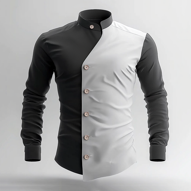 Men's Stand Collar Slant Button Colorblock Long Sleeve Shirt