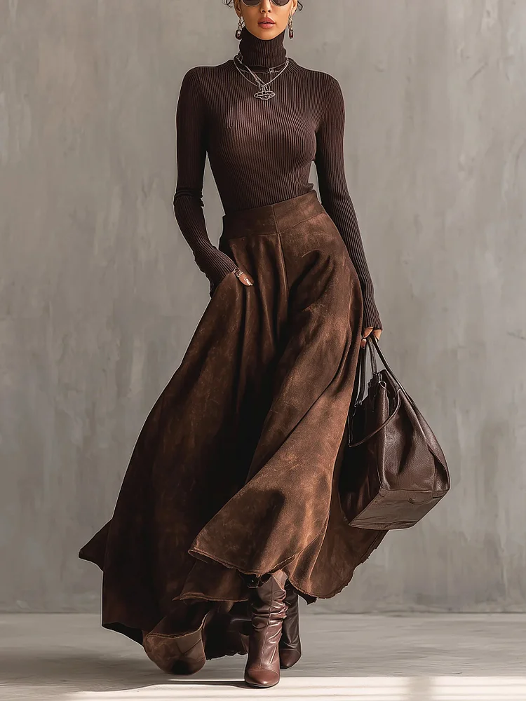 Coffee Distressed Suede Midi Skirt Set