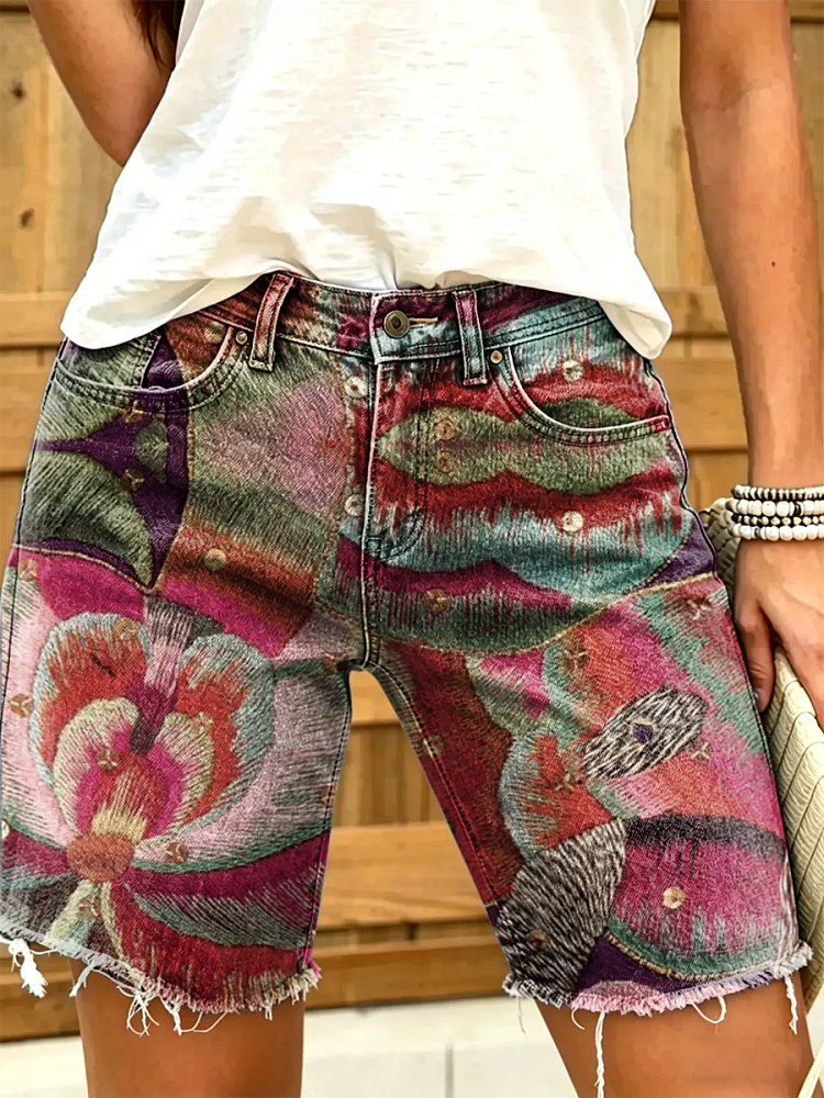 Women's Abstract Floral Print Frayed Hem Denim Bermuda Shorts
