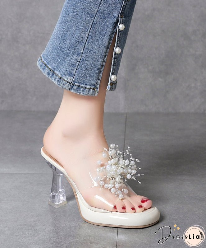 Green Stylish Clear High Heels Splicing Slide Sandals Bead Decorated