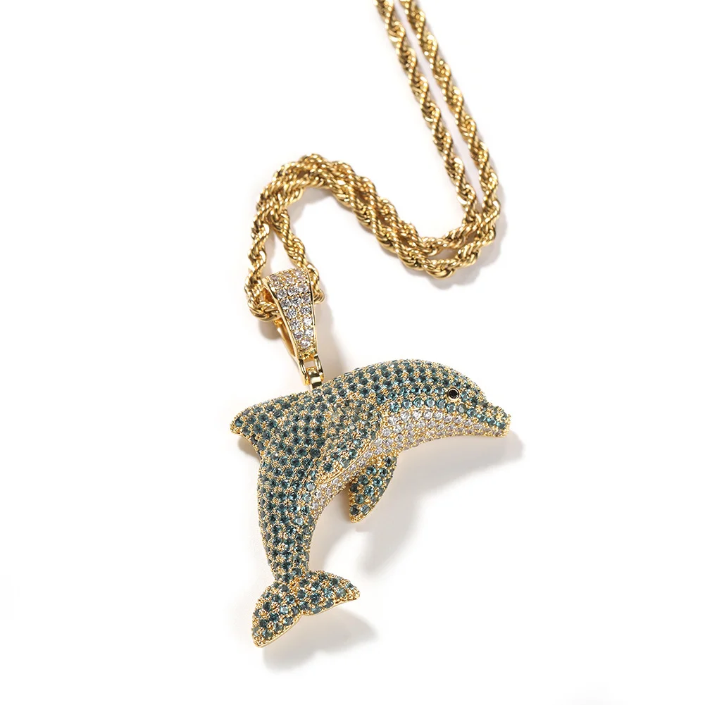 Hip-hop Colored Diamond Solid Dolphin Pendant Necklace-VESSFUL