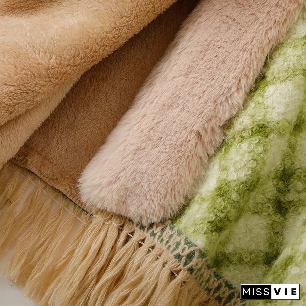 Plaid Print Furry Collar Fringed Casual Hooded Cloak Coat