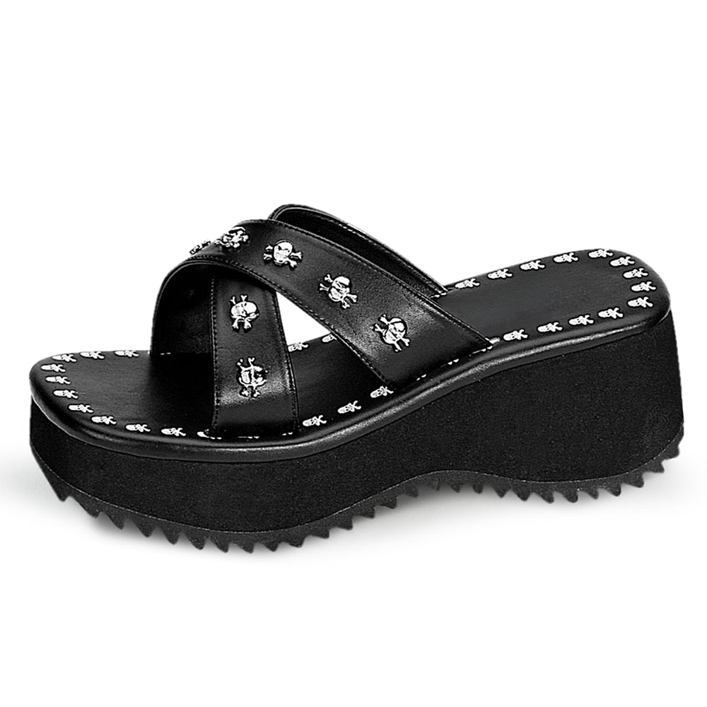 Black Skull Studs Criss-Cross Open Square Toe Platform Slides Shoes Nicepairs