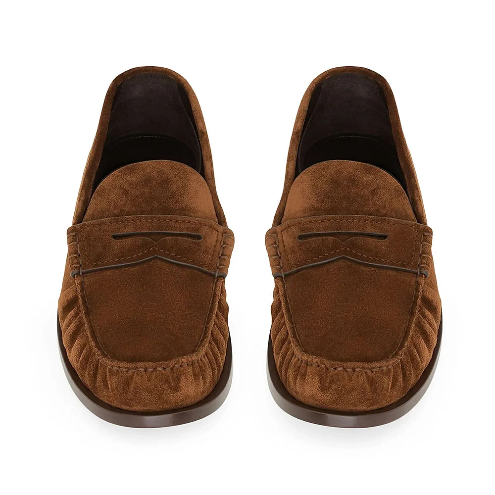 Brown Round Toe Flat Slip On Penny Loafers Women with Ruched