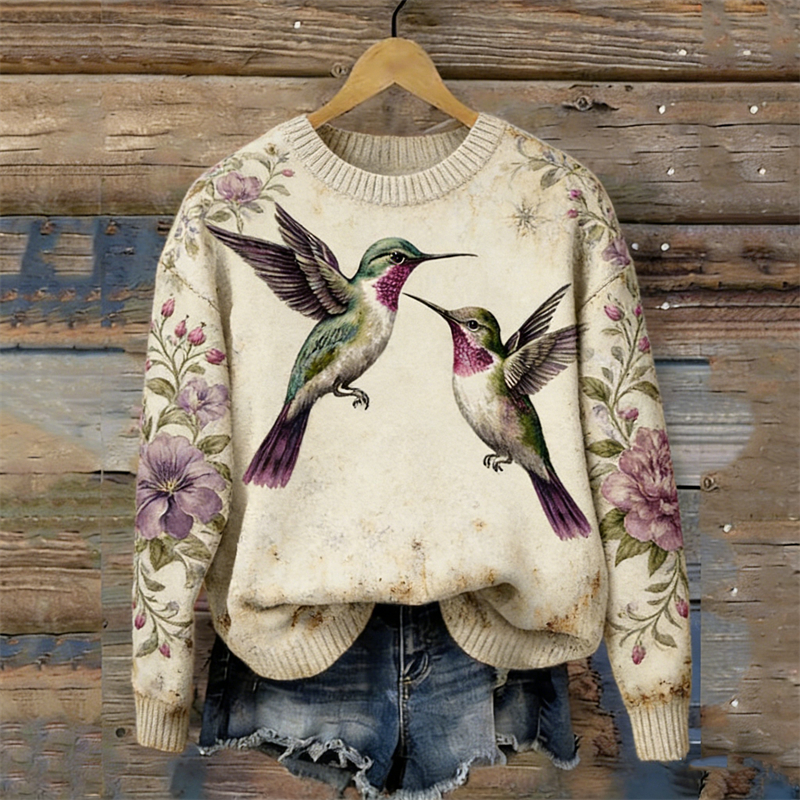Vintage Humming Birds Floral Cozy Knit Sweater wearshes