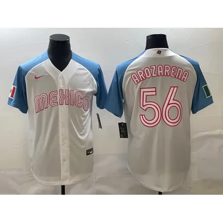 Men's Mexico Baseball #56 Randy Arozarena 2023 White Blue World Baseball Classic Stitched Jersey 4RHN