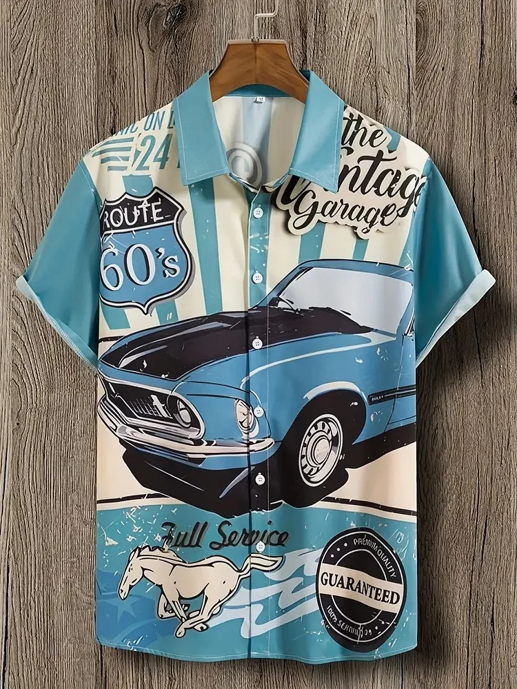 Kakacloud Creative Car Motorcycle Pattern Men's Shirt Lapel Short Sleeve Men's Casual Shirt Men's Daily Beach Vacation Street Fashion