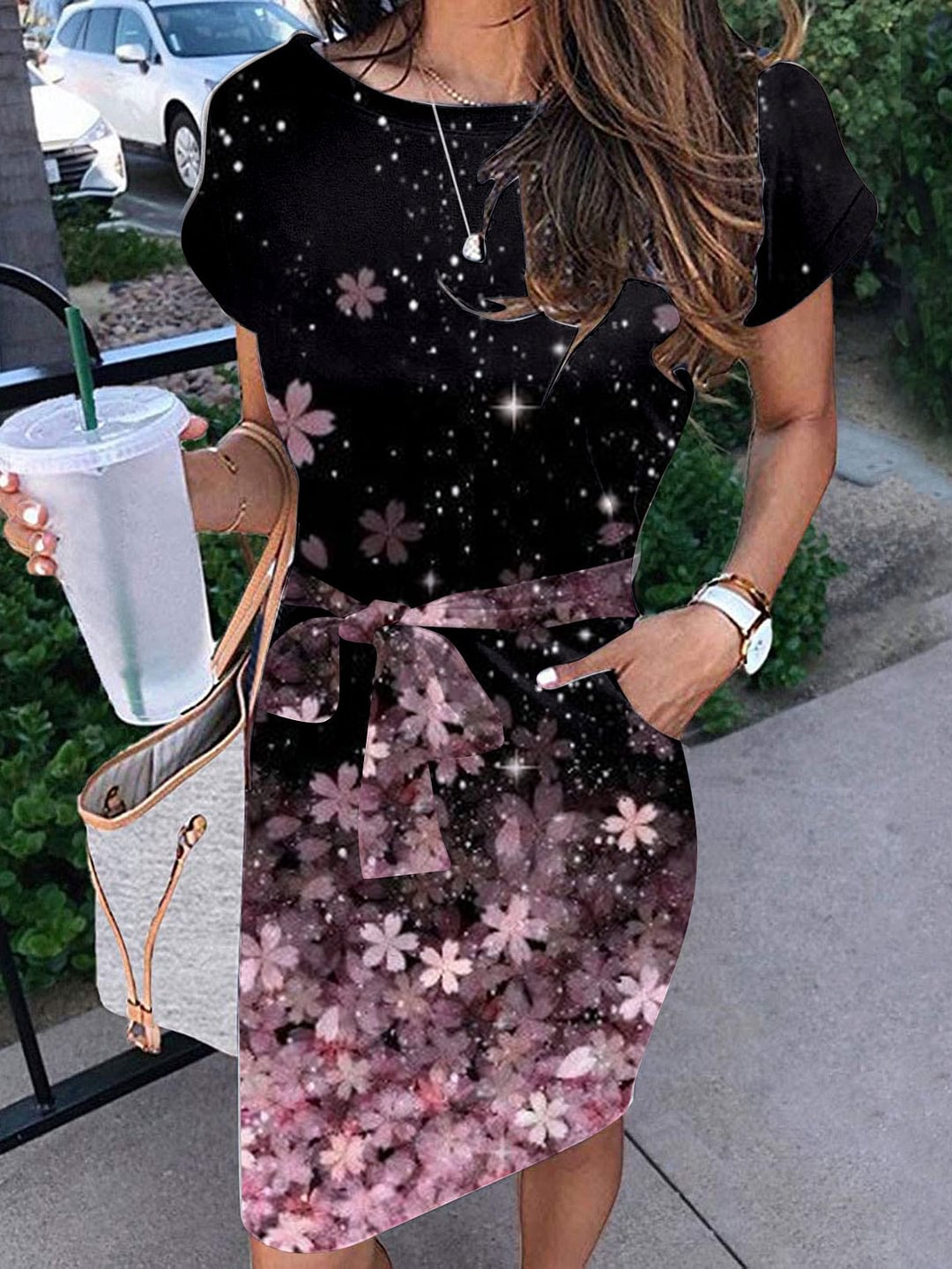 Short Sleeve Round Neck Flower Print Waist Dress
