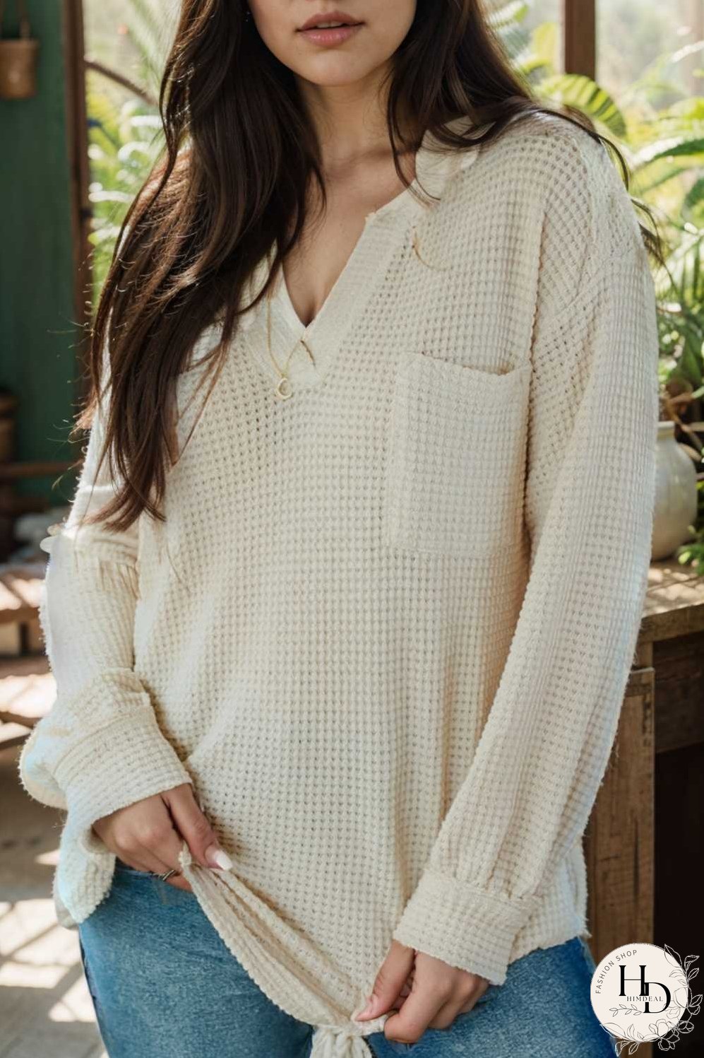 deep v neck long sleeve knitted sweater