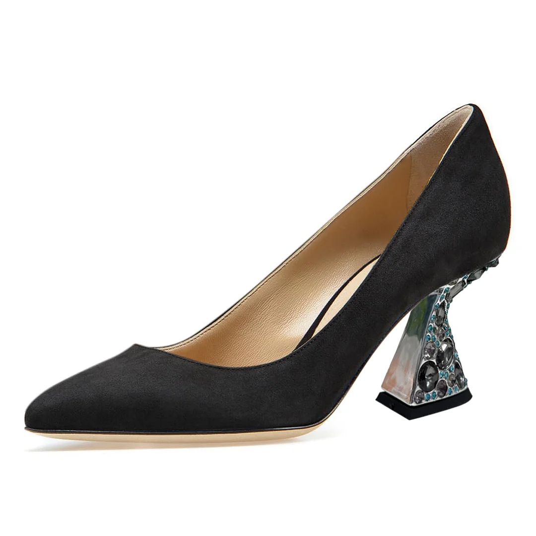 Faux Suede Black Pumps with Colorful Rhinestone Embellished Heels 