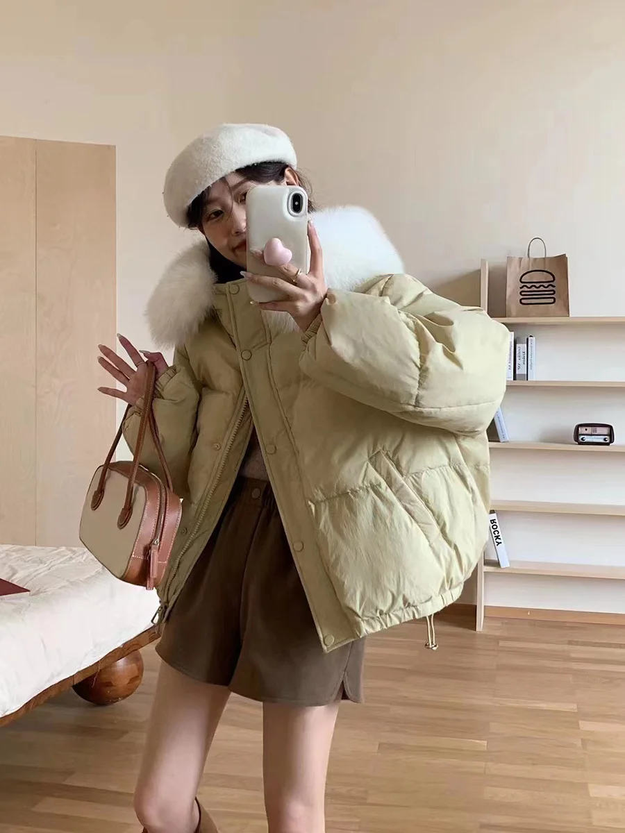 Woherb Korean Version Sweet Down Jacket Female Short Money 2024 Winter New Style Add Thick Small Fox Fur Collar White Duck Down Coat Tide-Outfit Ideas