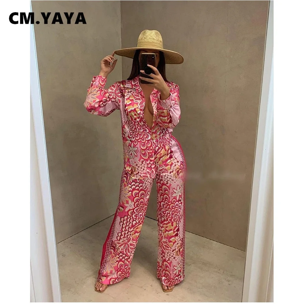 CM.YAYA Autumn Winter Peacock Women's Set Button Up Blouse Shirt Tops and Pants Elegant Tracksuit Two Piece Set Fitness Outfits