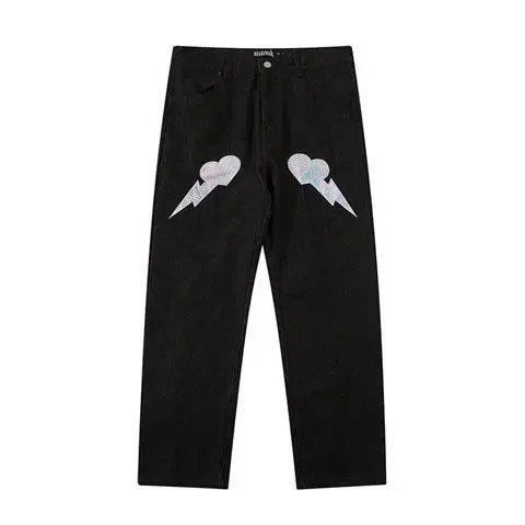 Street Lightning Heart Patch Jeans Hip Hop Pants at Hiphopee