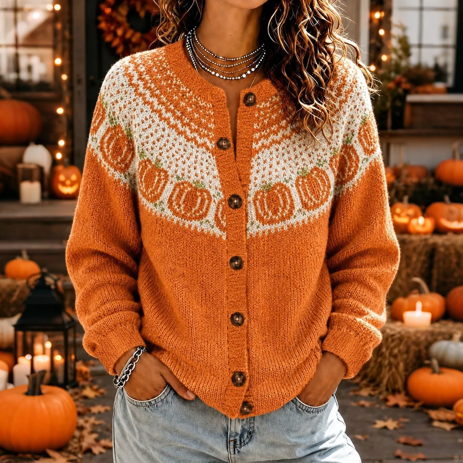 Comstylish Women's Halloween Pumpkin Pattern Jacquard Fair Isle Knit Button Cardigan