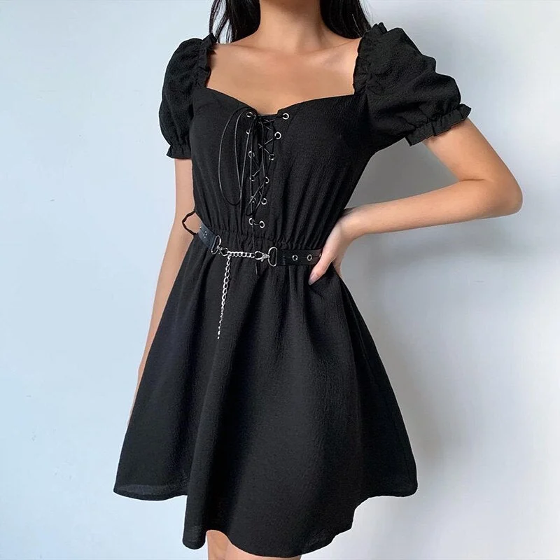 InsGoth Harajuku Punk Black Mini Dress Gothic Streetwear Bandage Patchwork V-neck Vintage Female Dress Puff Sleeve Lady Dress