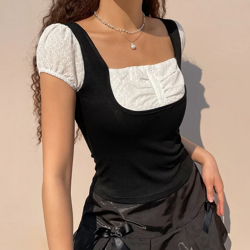 Rapcopter y2k y2k Patchwork Crop Top Cute Sweet T Shirt Short Sleeve Summer New Pullovers Basic Harajuku Tshirt Women Korean 90s