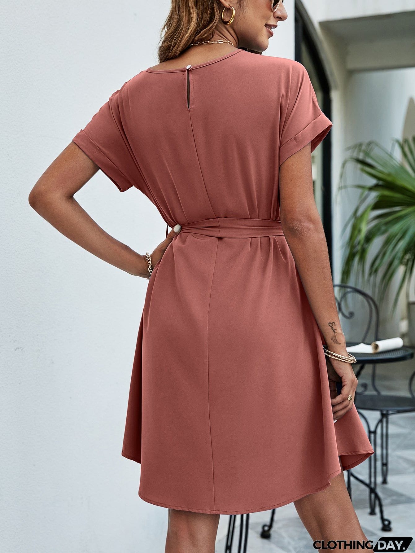 Belted Round Neck Curved Hem Dress
