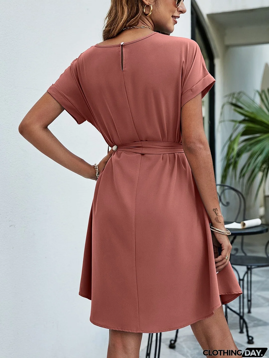 Belted Round Neck Curved Hem Dress