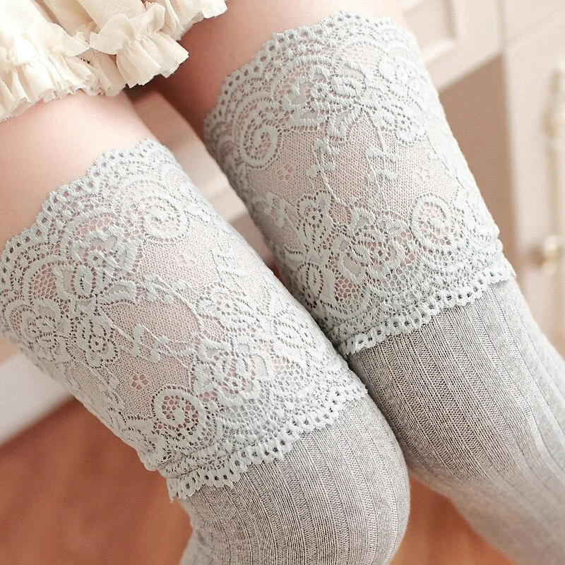 OJBK Thick Version Over Knee Cute 100% Cotton Stripe Lace Thigh High Sexy Stretch Stocking Fashion Spring and Autumn  2020 New