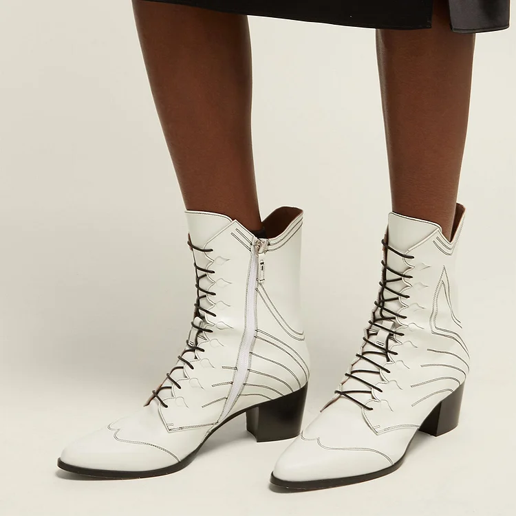 White Lace Up Boots Block Heel Ankle Boots |FSJ Shoes