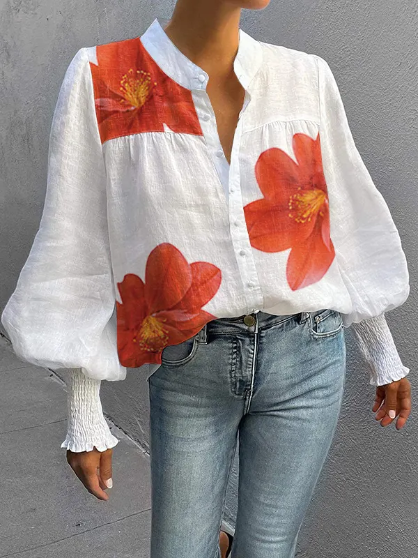 Loose Puff Sleeves Buttoned Flower Print Stand Collar Blouses&Shirts Tops RED-XL