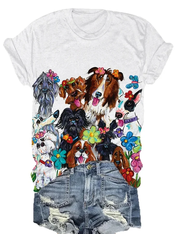 Women's Dog Flower Print T-shirt