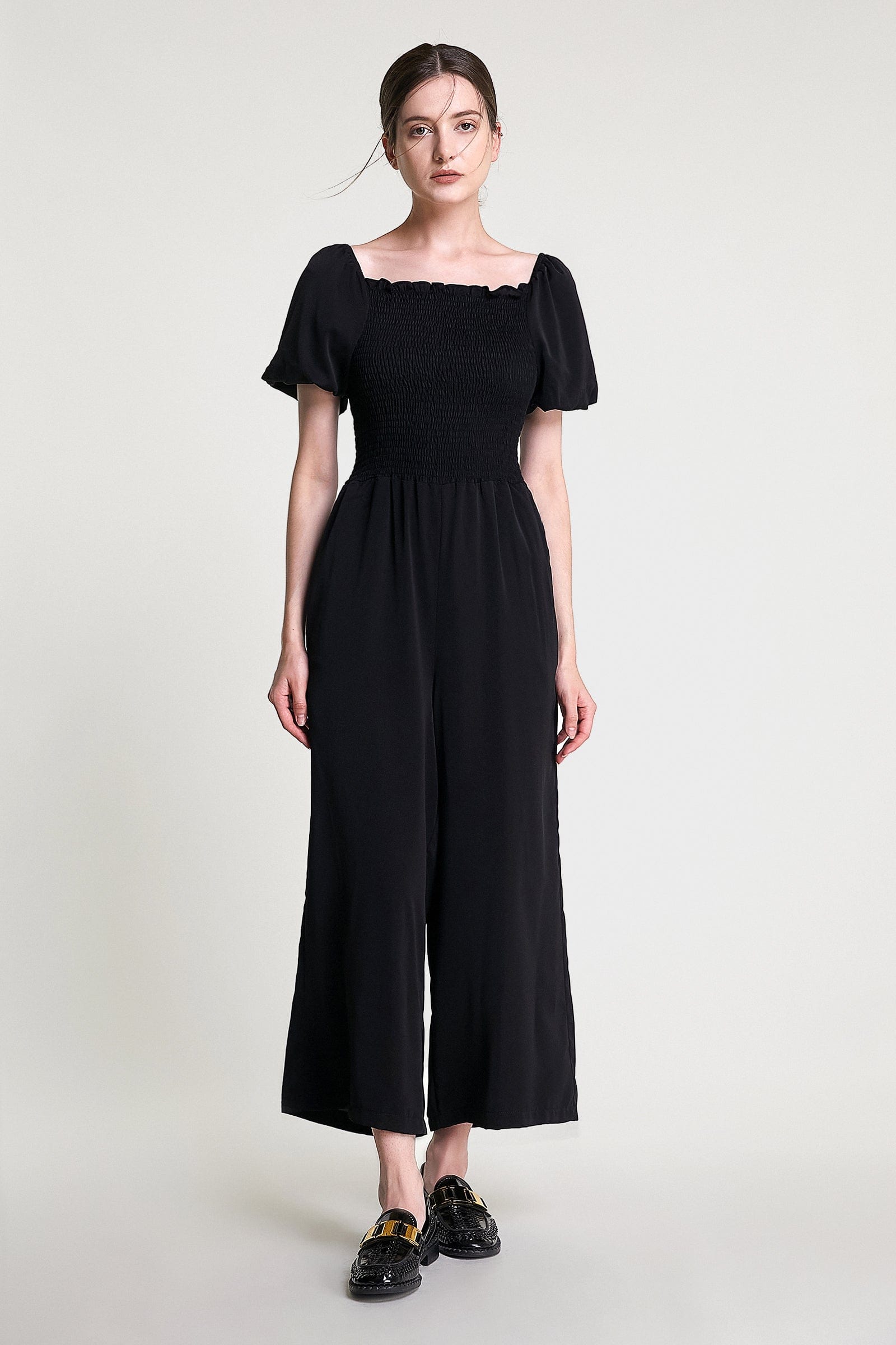 black off the shoulder wide leg jumpsuit