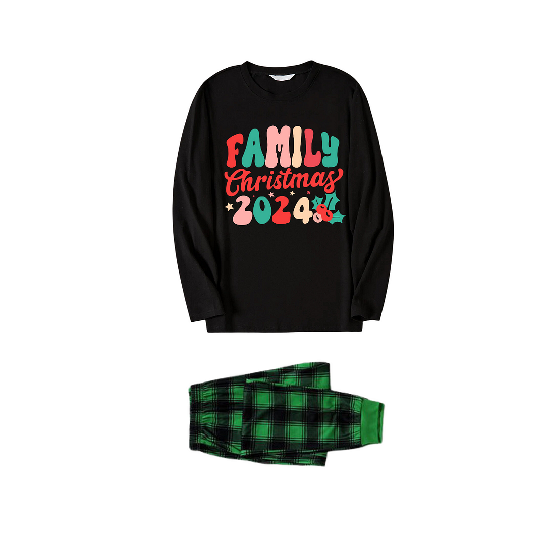 Christmas ‘ Family Christmas 2024’ Letter Print Black Long Sleeve Top with Green and Black Plaid Family Matching Pajamas