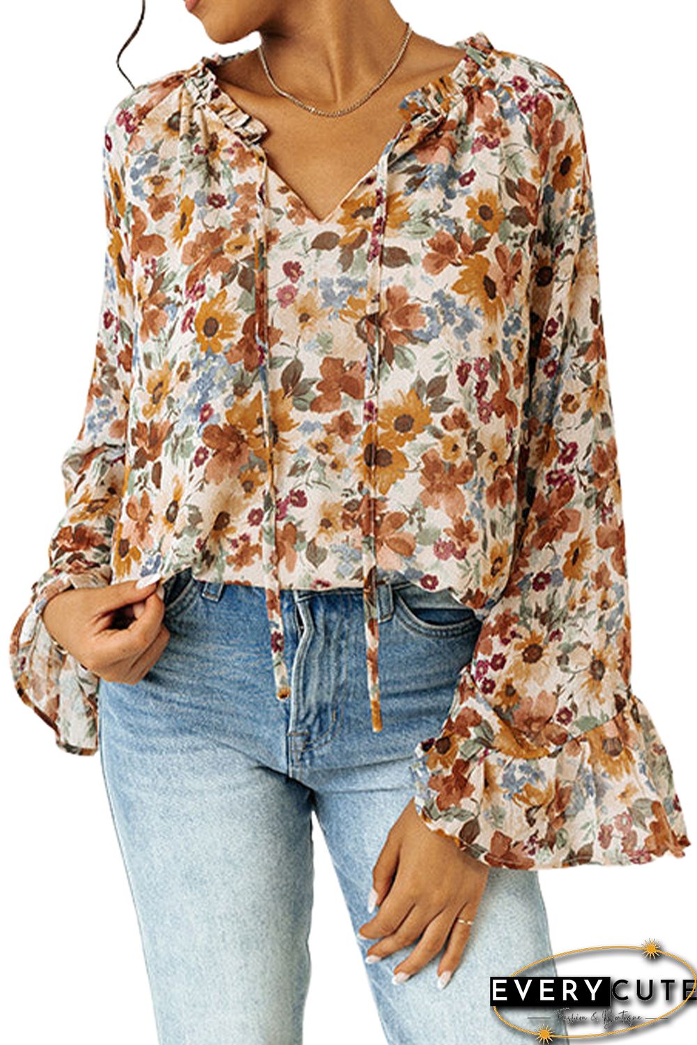 Orange Floral Print Flare Cuff Long Sleeve Blouse