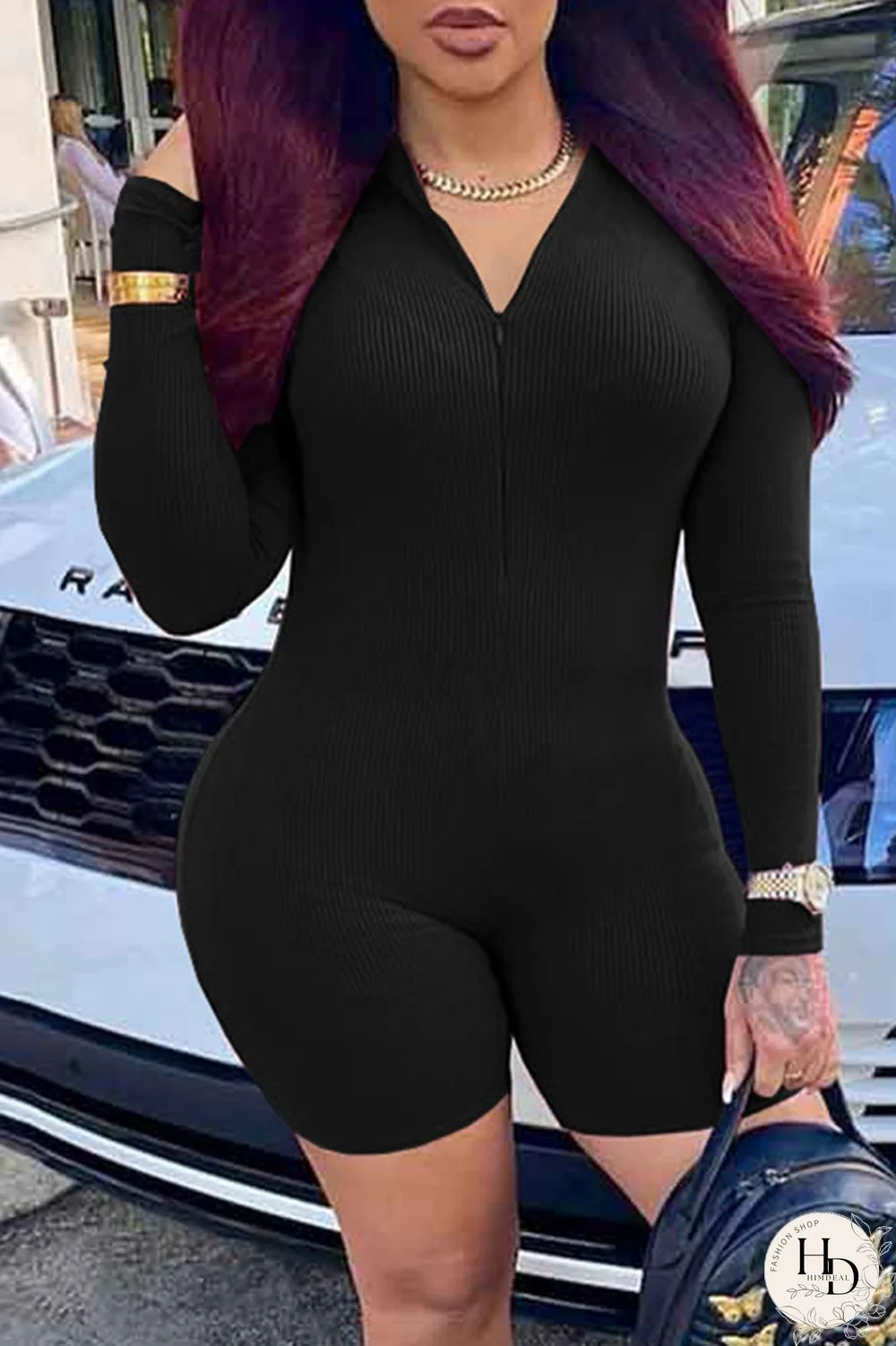 Black Fashion Casual Solid Basic Zipper Collar Skinny Romper