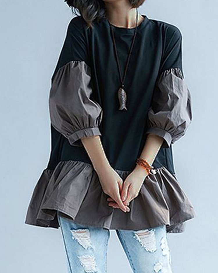 Patchwork Ruffle Solid 3/4 Sleeve Top