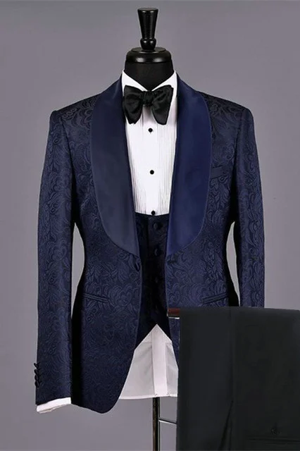 Bellasprom Dark Navy Jacquard Bespoke Wedding Suits for Men