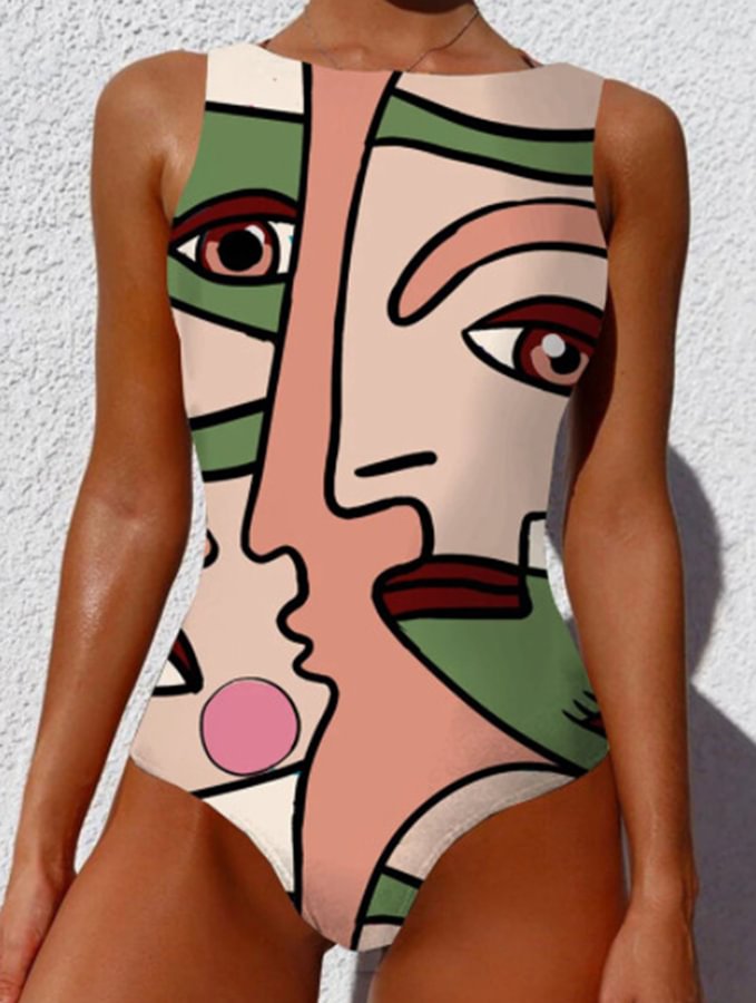 Graffiti Abstract Print Wide Strap High Neck Backless Swimsuit