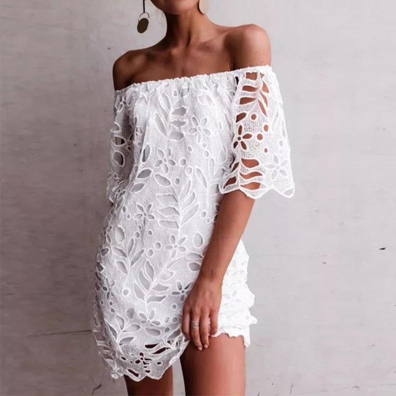 ZANZEA Fashion Summer Lace Crochet Dress Women Off Shoulder Short Sleeve Party White Sundress Sexy Boat Neck Hollow Out Vestido