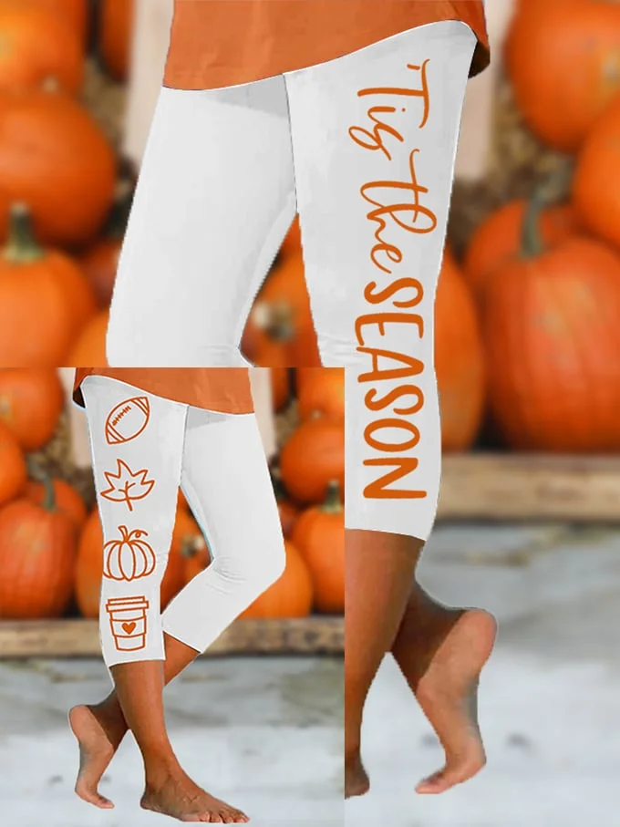 Women's Tis The Season Football Fall Pumpkin Drinking Maple Leaf Print Yoga Bottom Cropped Pants