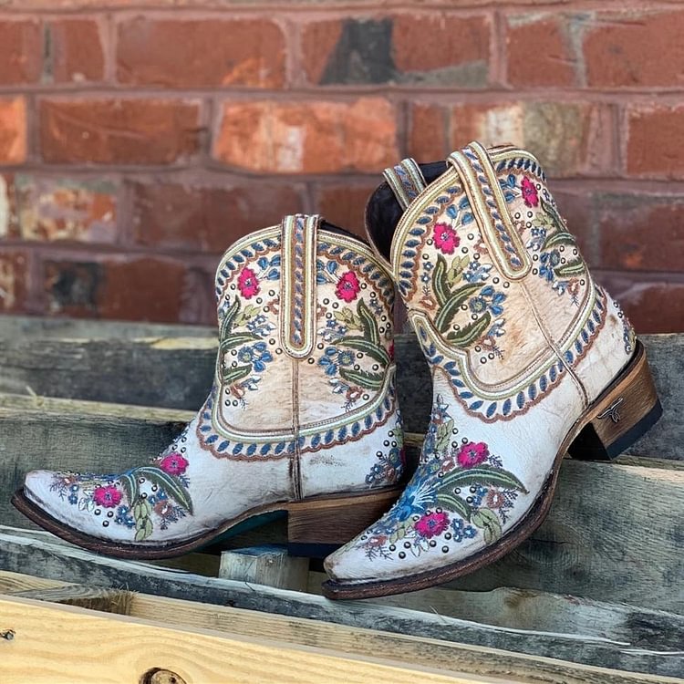 Women Vintage Flower Printed Ankle Boots