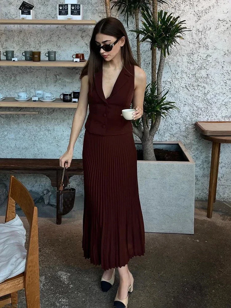 Huiketi Folds Long Skirt Two Pieces Set Women's Notched Sleeveless Short Vest Top High Waist Solid Maxi Skirt Fashion Sets 2024