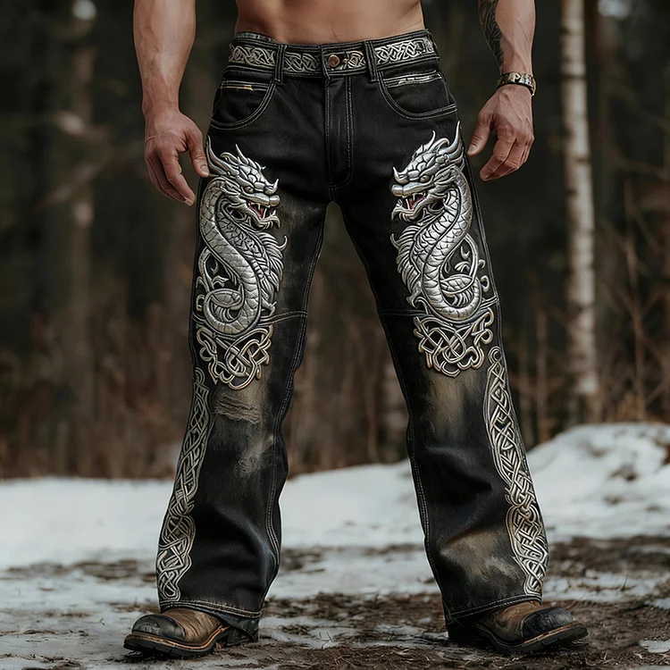 Viking Style Celtic Dragon Art  Men's Washed Straight-leg Jeans