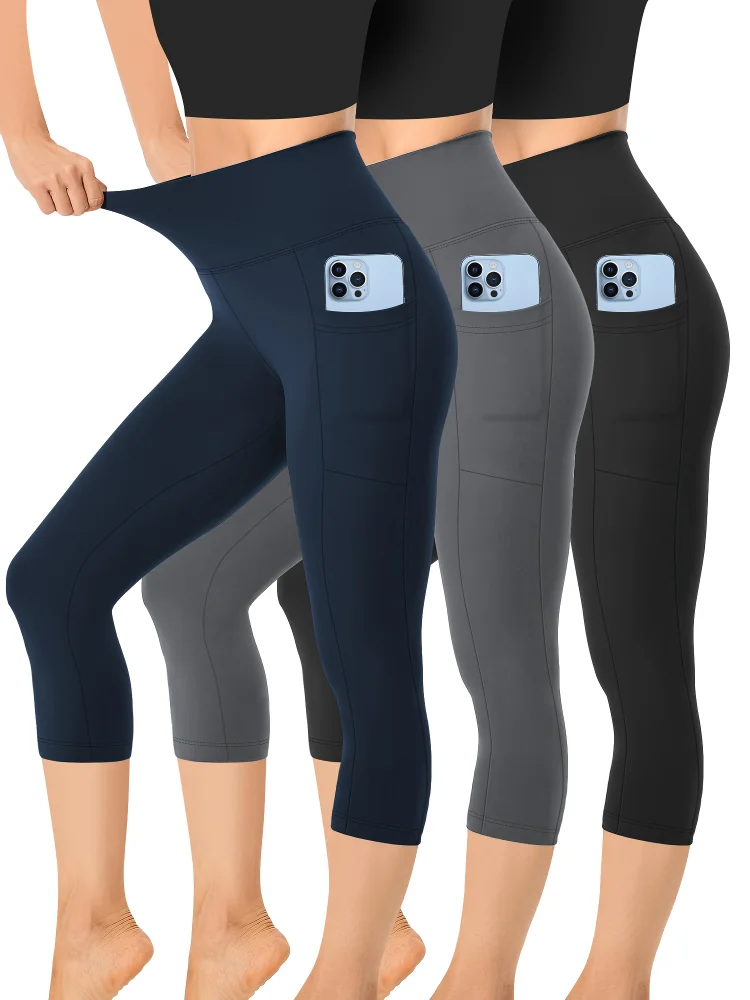 3pcs Women's High-Waist Butt-Lifting Capri Leggings With Pockets - Stretchy, Elegant Solid Color & Outdoor Pants For Spring/Summer/Fall, Pants, Highwaist Design, Comfortable Fit