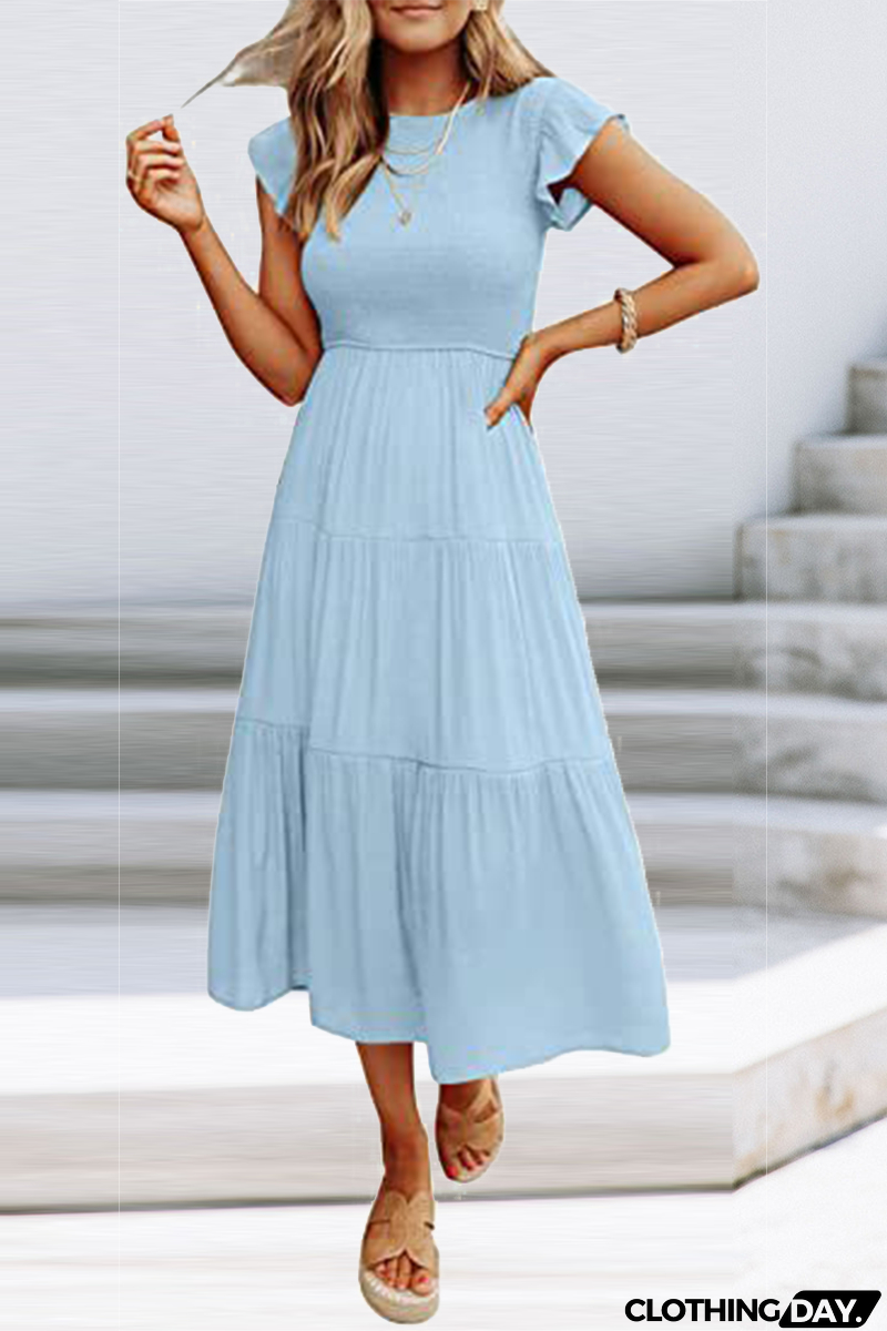 Fashion Solid Flounce O Neck Cake Skirt Dresses（9 colors）