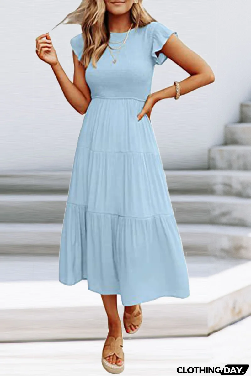 Fashion Solid Flounce O Neck Cake Skirt Dresses（9 colors）