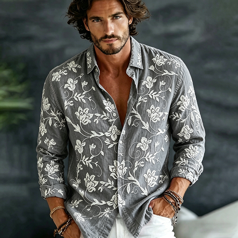 Men's Vintage Spring Floral Embroidered Art Print Flowy Linen Blend Casual Shirt  artssus