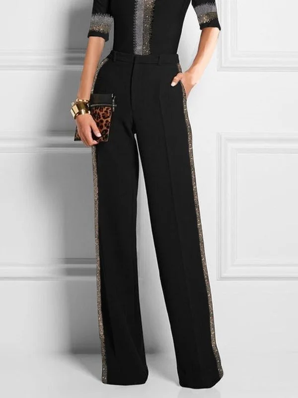 Solid Color Pockets Buttoned Loose High Waisted Trousers Pants