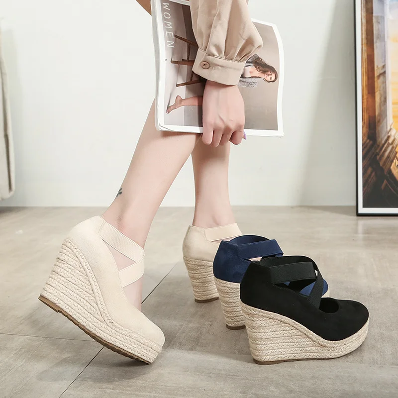 Wongn Wongn Slope Heel 2023 New Spring And Autumn Round Head Fashion Thick Sole High Heel Cross Belt Single Shoe Straw
