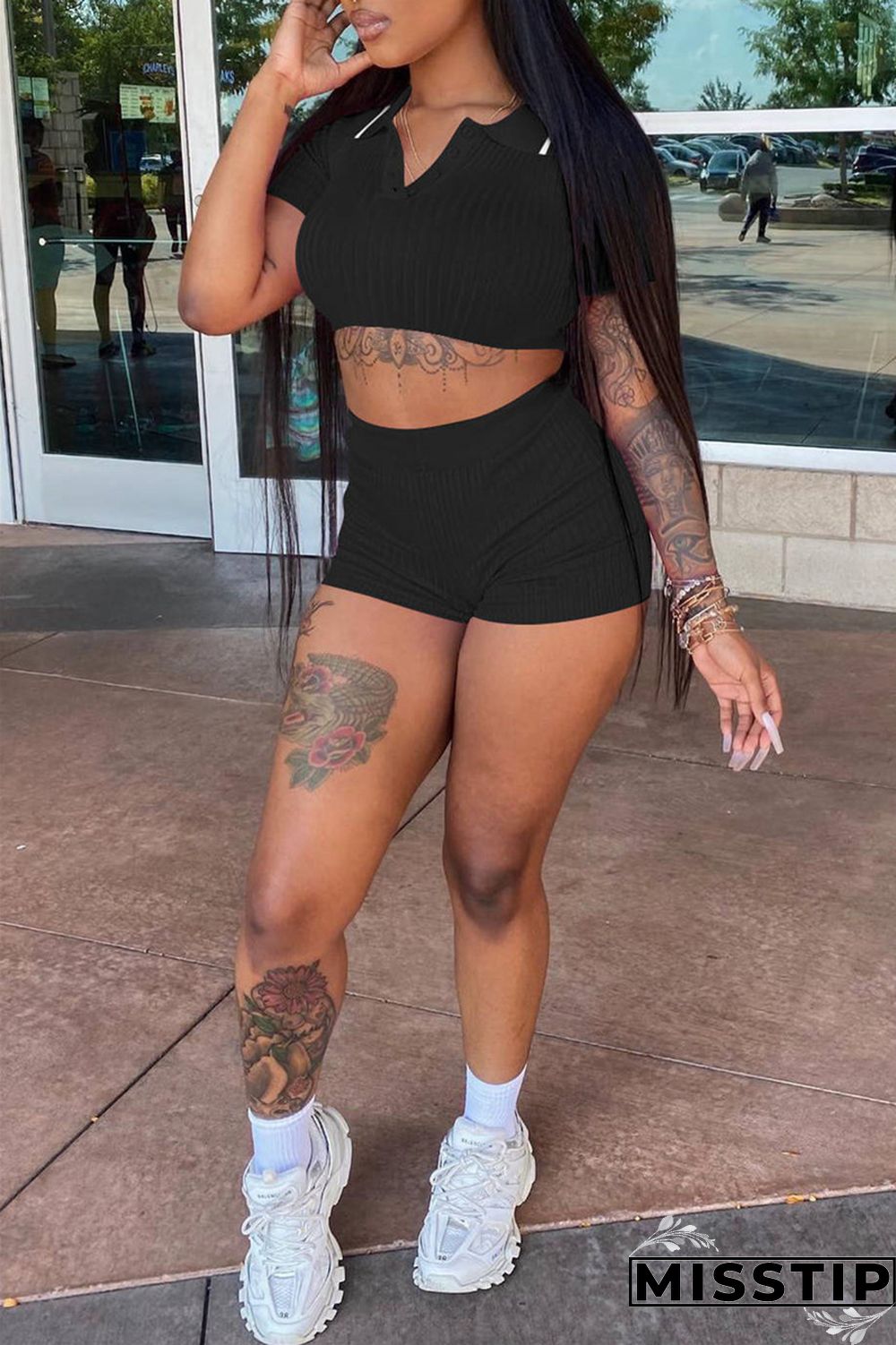 Black Fashion Casual Solid Basic Turndown Collar Short Sleeve Two Pieces