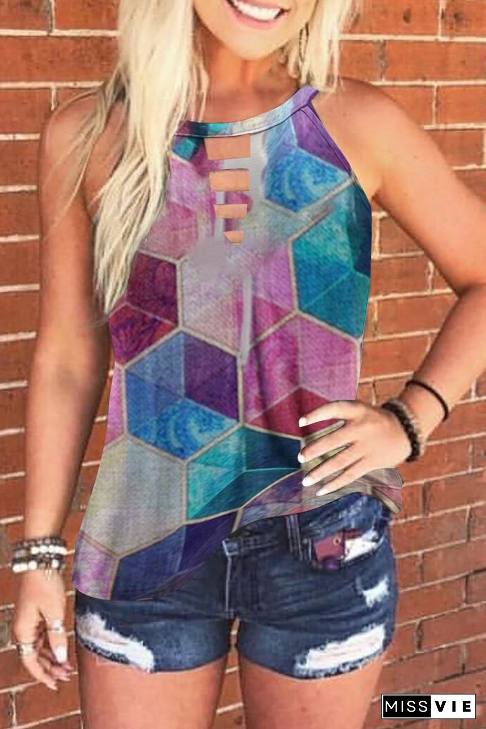 Geometric Pattern Halter Cutout Vest