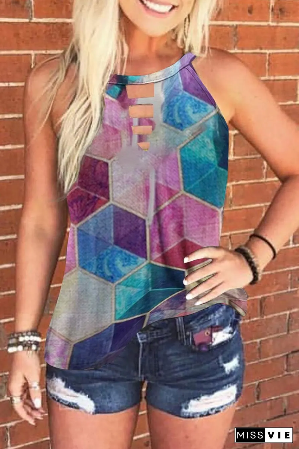 Geometric Pattern Halter Cutout Vest