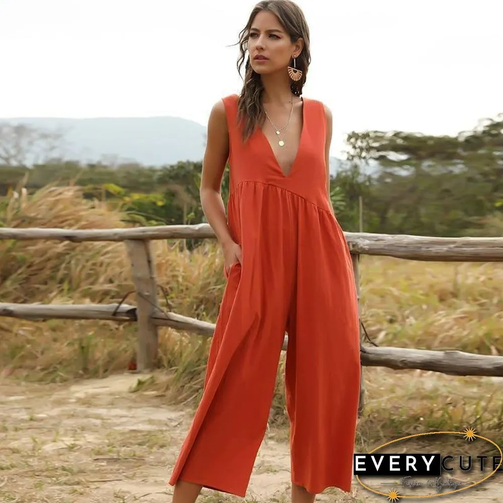 Spring Summer Fashion Jumpsuits Women Ankle-length Pants Loose Casual Solid Deep Neck New
