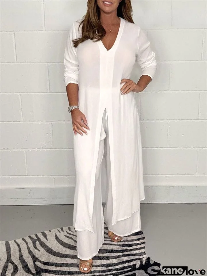 Women's Elegant High Slit Chiffon Long Tops and Casual Pants