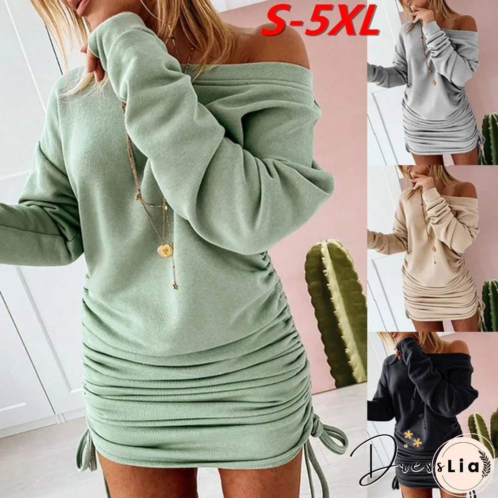 Women Fashion Sexy Off Shoulder Ruched Drawstring Bodycon Mini Dress Casual Solid Color Long Sleeve Pullover Sweatshirt Autumn Winter Ladies Cotton Long Tops Blouses Plus Size S-5XL